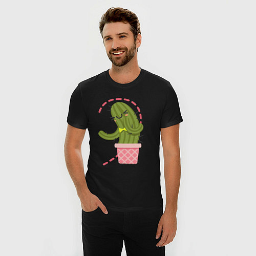 Мужская slim-футболка Влюблённый кактус / Черный – фото 3