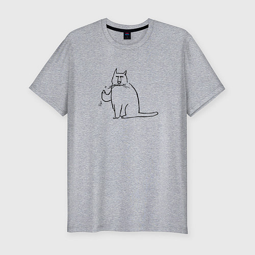 Мужская slim-футболка Кот с пальцем в верх / Меланж – фото 1