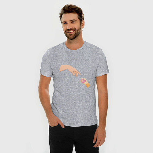 Мужская slim-футболка Сотворение Адама и рыжая лапка котика / Меланж – фото 3