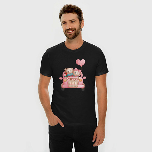 Мужская slim-футболка Влюбленные мишки на машине / Черный – фото 3