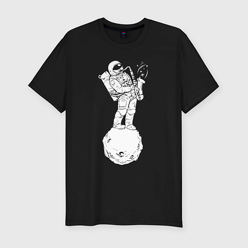 Мужская slim-футболка Саксофон, звучащий в космосе / Черный – фото 1