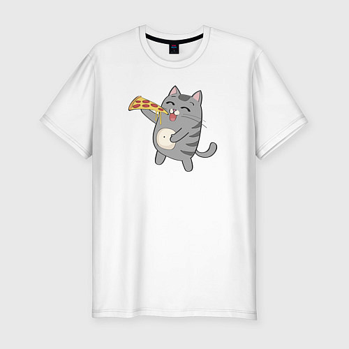 Мужская slim-футболка Кот с кусочком пиццы / Белый – фото 1