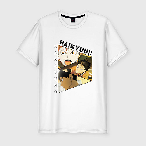 Мужская slim-футболка Кагеяма Тобио, Нишиноя Ю, Хината Шоё Волейбол / Белый – фото 1