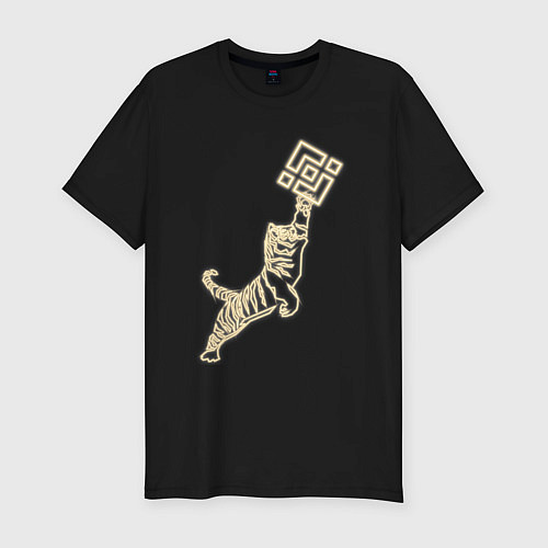 Мужская slim-футболка Бинанс с тигром в неоновом свечении / Черный – фото 1
