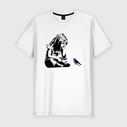 Футболка slim-fit BANKSY girl with blue bird БЭНКСИ девочка с синей, цвет: белый