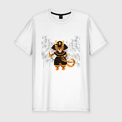 Мужская slim-футболка Тигр-самурай с двумя мечами на фоне бамбука