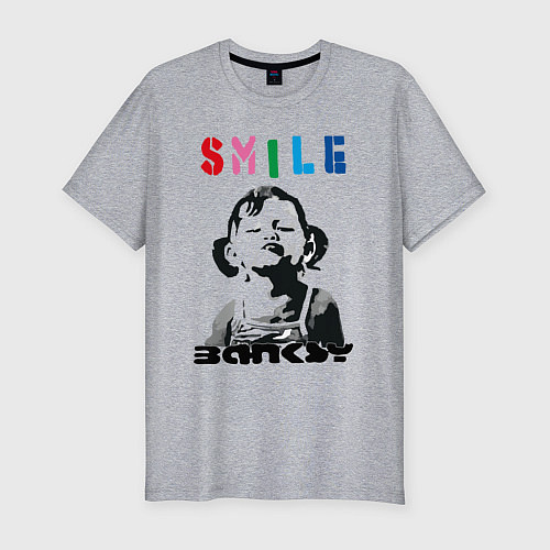 Мужская slim-футболка BANKSY SMILE девочка улыбается / Меланж – фото 1