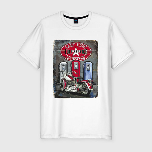 Мужская slim-футболка Мотоцикл Заправка Ретро Poster / Белый – фото 1