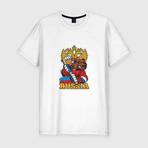 Мужская slim-футболка Хоккей - Russia / Белый – фото 1