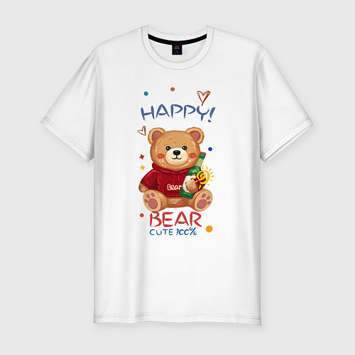 Мужская slim-футболка СЧАСТЛИВЫЙ МИШКА HAPPY BEAR CUTE 100% / Белый – фото 1