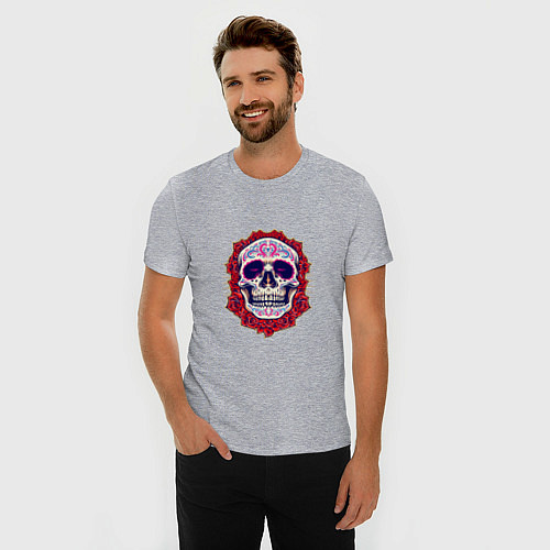 Мужская slim-футболка Skull - Roses / Меланж – фото 3