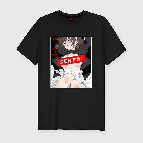 Мужская slim-футболка Девушка и надпись Senpai Ahegao / Черный – фото 1