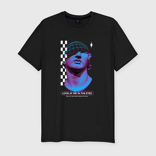 Мужская slim-футболка Vaporwave Wireframe David Statue / Черный – фото 1