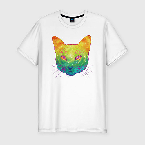 Мужская slim-футболка Радужный котик rainbow cat / Белый – фото 1