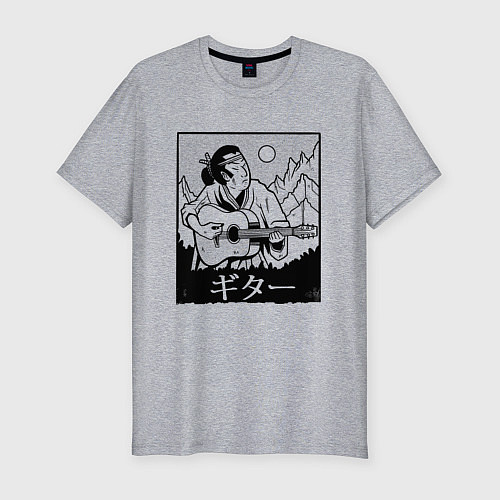 Мужская slim-футболка Самурай с гитарой Samurai playing guitar / Меланж – фото 1