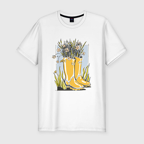 Мужская slim-футболка Цветы в резиновых сапогах Дачная эстетика / Белый – фото 1