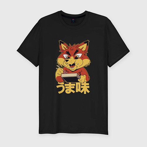 Мужская slim-футболка Japanese Fox Eating Ramen Японская лиса ест Рамен / Черный – фото 1