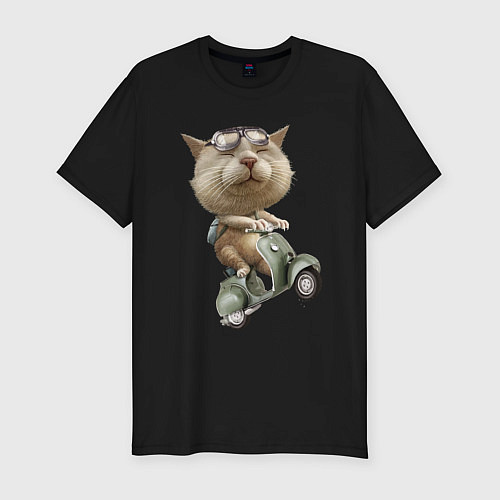 Мужская slim-футболка Крутой котяра на скутере / Черный – фото 1