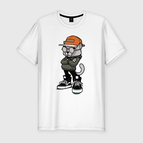 Мужская slim-футболка Крутой местный котяра Чувак Cool local cat Dude / Белый – фото 1