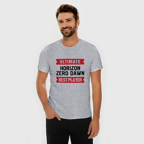 Мужская slim-футболка Horizon Zero Dawn и таблички Ultimate и Best Playe / Меланж – фото 3