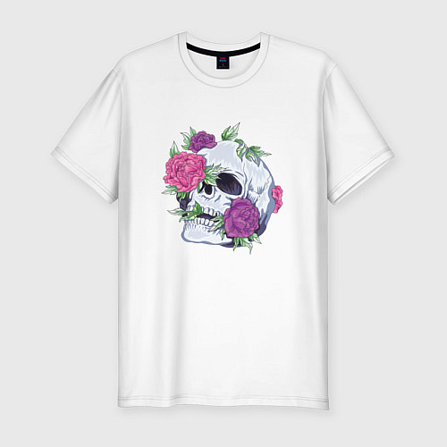 Мужская slim-футболка Череп с цветами Flower Skull / Белый – фото 1