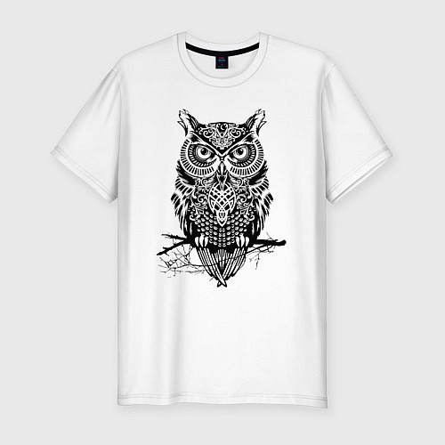 Мужская slim-футболка Черная сова в узорах / Белый – фото 1