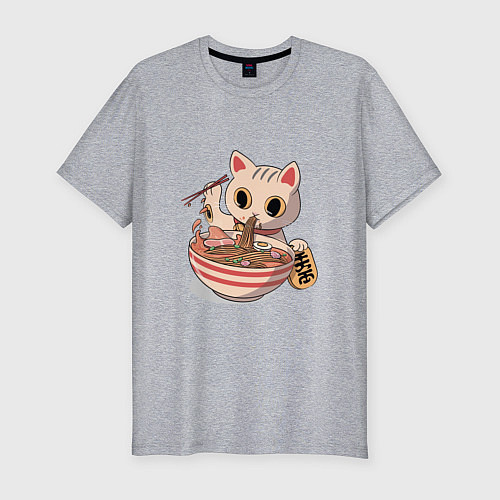 Мужская slim-футболка CAT EATS NOODLES FROM A CUP / Меланж – фото 1