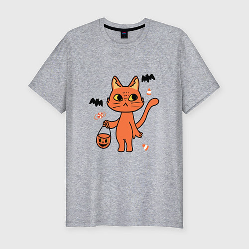 Мужская slim-футболка CAT FOR HALLOWEEN / Меланж – фото 1