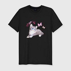 Мужская slim-футболка Голубоглазый котенок и бабочки