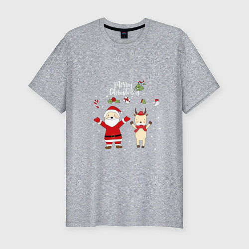 Мужская slim-футболка SANTA CLAUS WITH A DEER / Меланж – фото 1