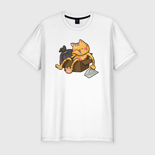 Мужская slim-футболка Кот лежит в коробке на мусорке / Белый – фото 1