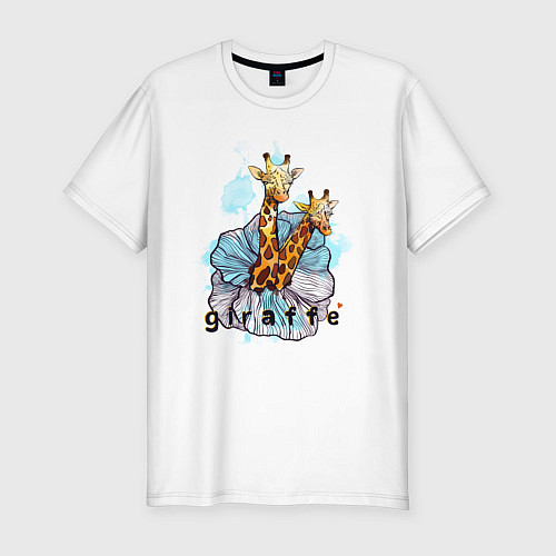 Мужская slim-футболка Парочка оранжевых в пятнышку жирафов в голубом акв / Белый – фото 1