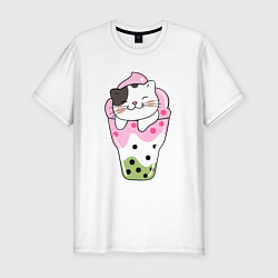 Мужская slim-футболка Довольный котик в мороженом