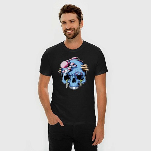 Мужская slim-футболка Грибы, растущие на черепе / Черный – фото 3