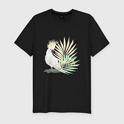 Мужская slim-футболка Белый попугай с хохолком на фоне листьев пальмы