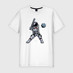Мужская slim-футболка Космонавт играет в бейсбол планетой