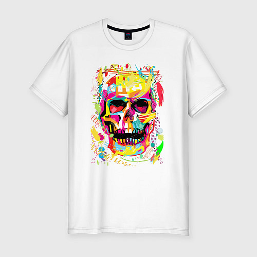 Мужская slim-футболка Красочный стилизованный череп / Белый – фото 1