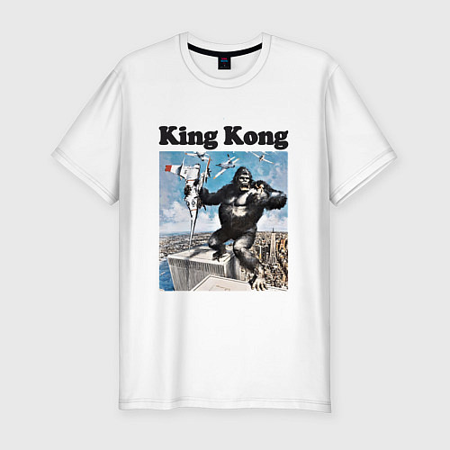 Мужская slim-футболка Кинг-Конг схватил самолёт / Белый – фото 1
