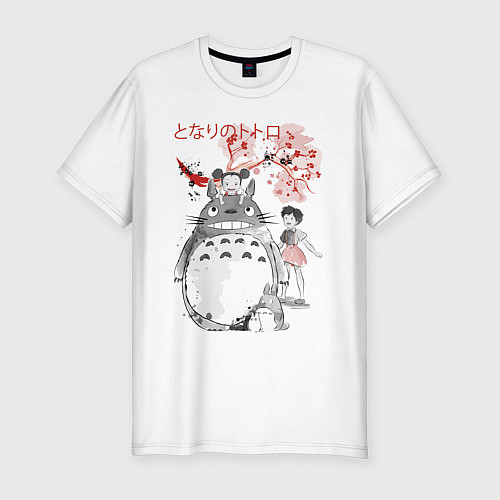 Мужская slim-футболка Мой сосед Тоторо - цветущая сакура / Белый – фото 1