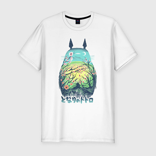 Мужская slim-футболка Тоторо - ветка сакуры / Белый – фото 1
