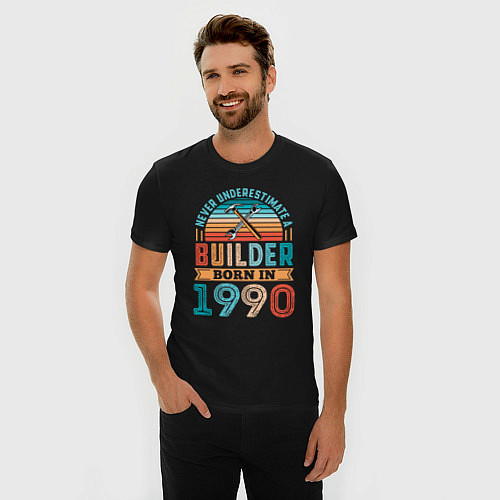 Мужская slim-футболка Никогда не недооценивай строителя 1990 года / Черный – фото 3
