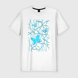 Мужская slim-футболка Голубые бабочки и хаотичные линии