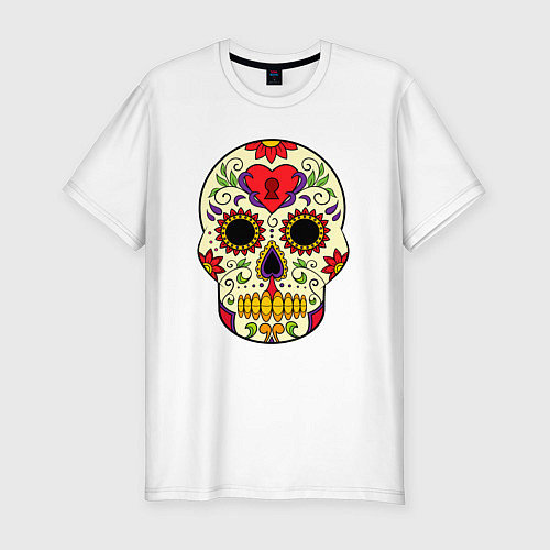 Мужская slim-футболка Череп с замочком, с подсолнухами и цветами / Белый – фото 1
