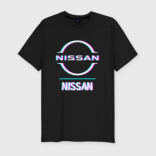Мужская slim-футболка Значок Nissan в стиле glitch / Черный – фото 1