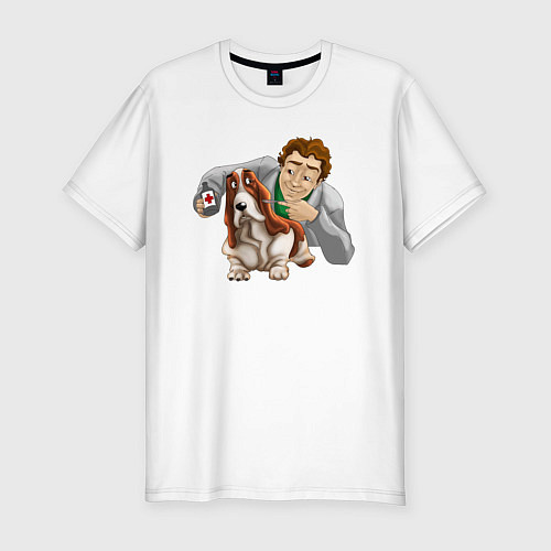 Мужская slim-футболка Ветеринар лечит собачку бассет-хаунда / Белый – фото 1
