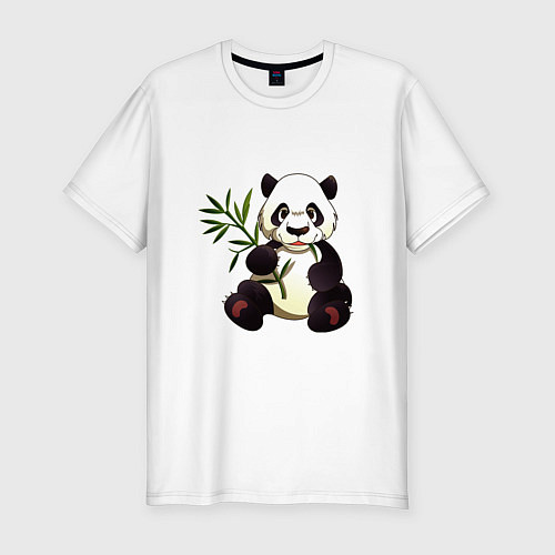 Мужская slim-футболка Панда кушает бамбук / Белый – фото 1