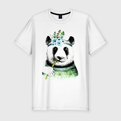 Мужская slim-футболка Прикольный панда жующий стебель бамбука / Белый – фото 1