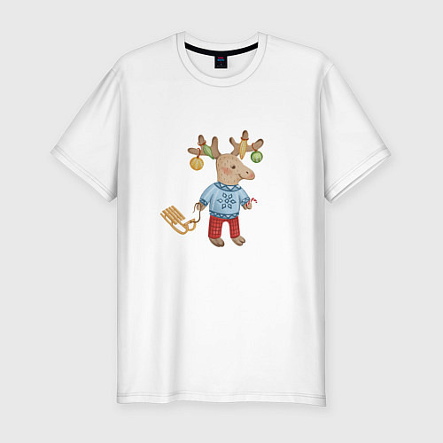 Мужская slim-футболка Рождественский олень с санями / Белый – фото 1