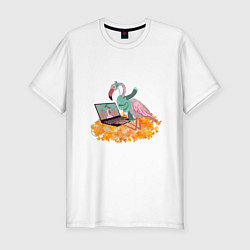 Мужская slim-футболка Осенний фламинго с ноутбуком, мечты о лете