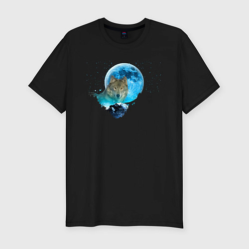 Мужская slim-футболка Волк на фоне голубой луны / Черный – фото 1
